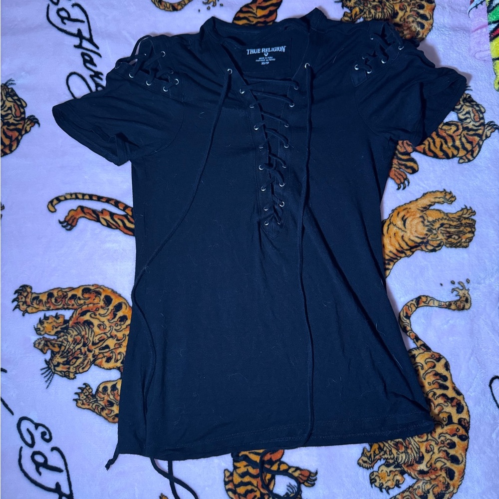 True Religion Black Lace-Up Short Sleeve Tee with Eyelet Detail